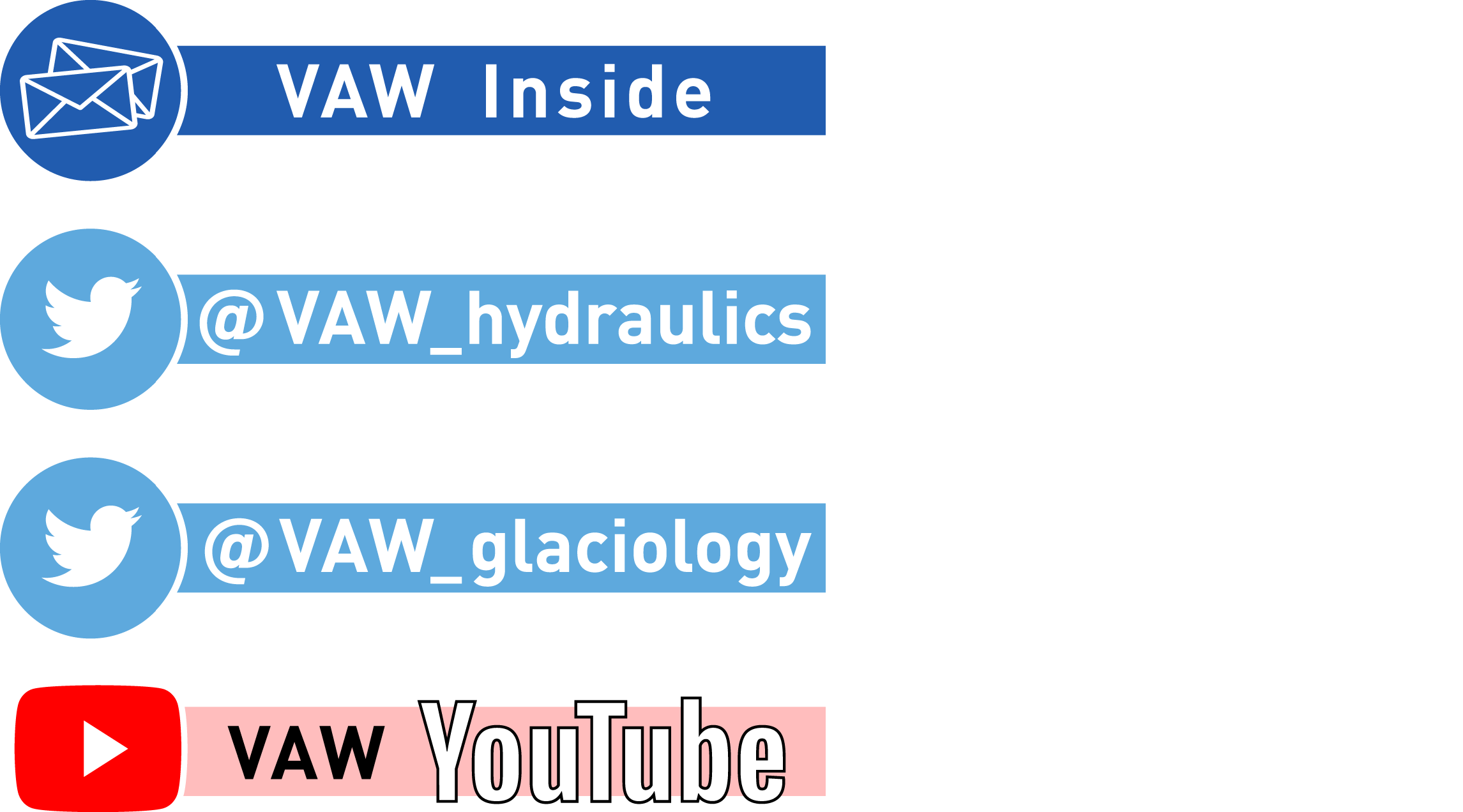 links: VAW Inside, @VAW_hydraulics, @VAW_glaciology, YouTube