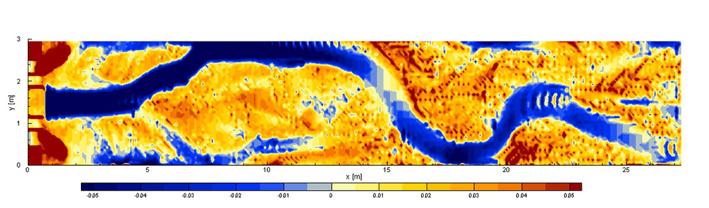 Enlarged view: Resulting bed topography from numerical simulation (in terms of differential elevations compared to initially plane bed of the laboratory flume) (Picture: D. Vetsch, VAW)