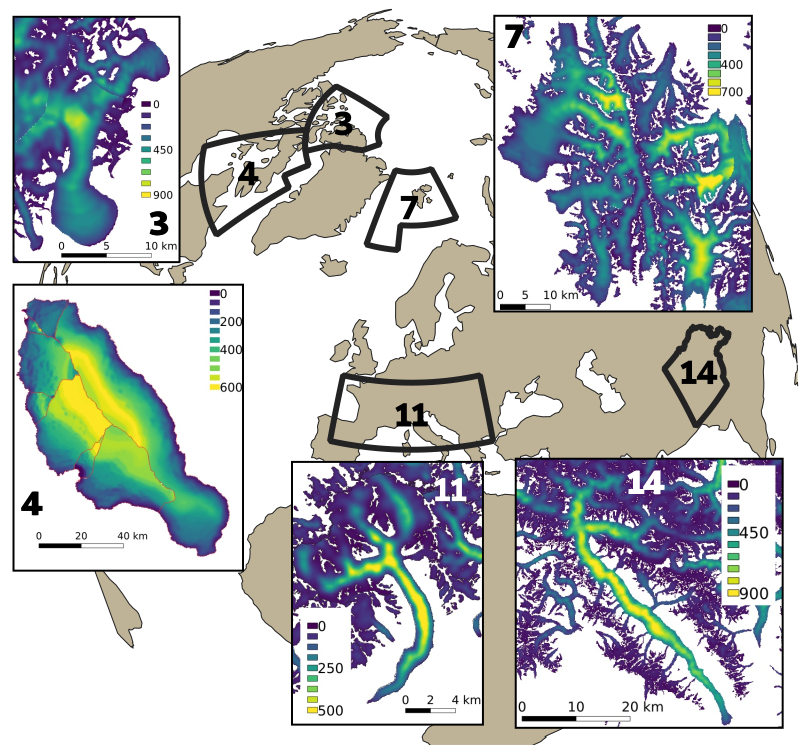 Enlarged view: Ice thickness maps for selected glaciers from the 30'000 simulated glaciers in five regions of the world.