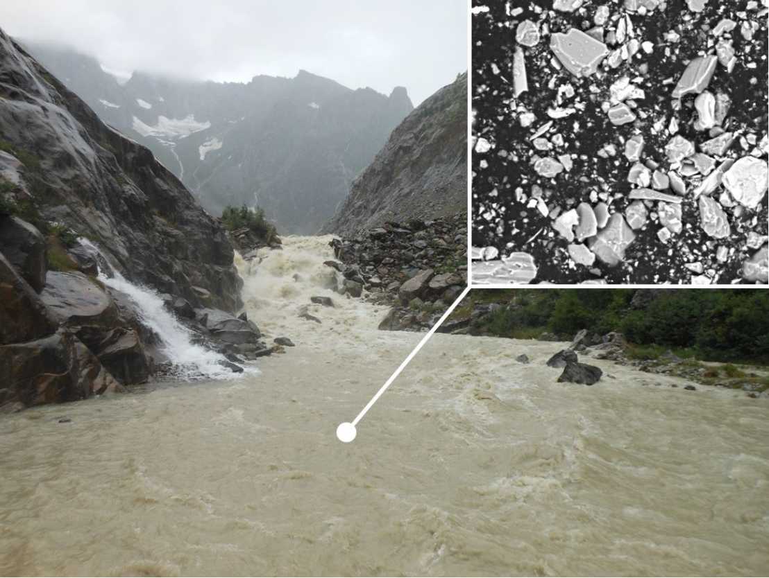 Enlarged view: Mountain river downstream of the Fieschergletscher in the Canton of Valais, Switzerland, and microscope picture of suspended sediment particles (photo: VAW)