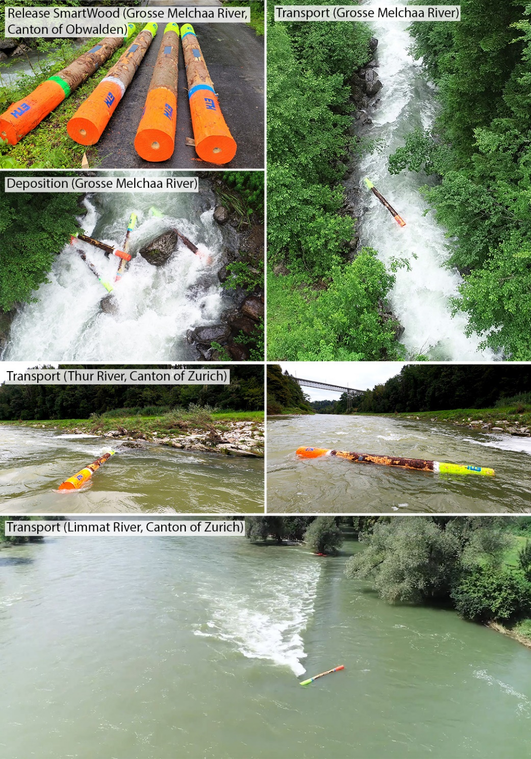 Figure 3: First experiments applying sensor-tagged logs – SmartWood – at the Grosse Melchaa (Canton of Obwalden), Thur and Limmat River (Canton of Zurich) in summer 2021.